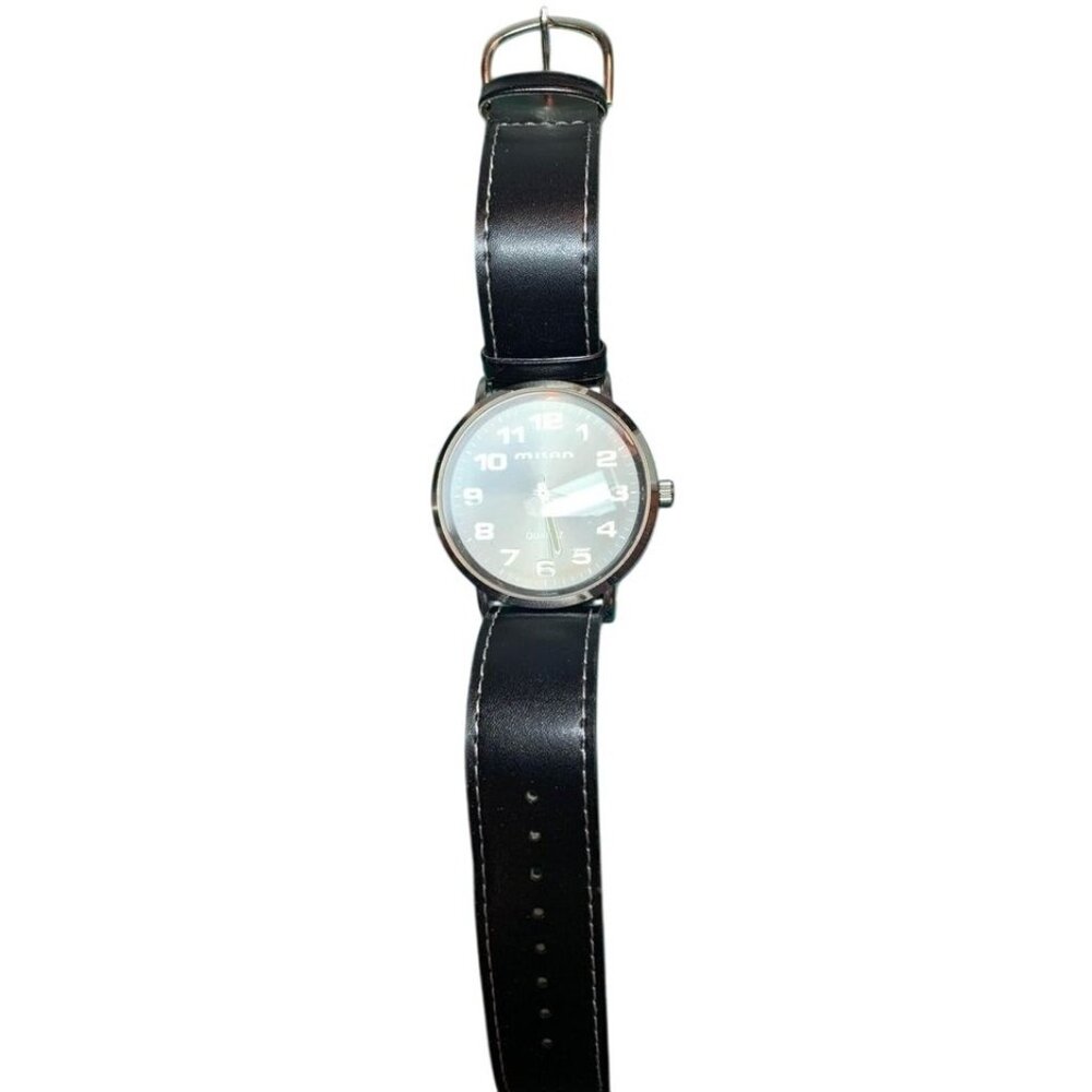 Milan Mens Analog Watch with Black Leather Band Stainless Steel Back